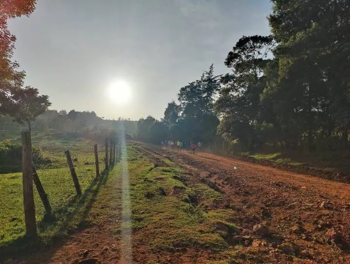 Amanecer en un camino de tierra roja: los primeros corredores del día ya están entrenando.